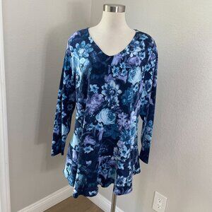 Isaac Mizrahi Live Womens Plus 1X Floral V Neck Soft Stretch Tunic Top Blue